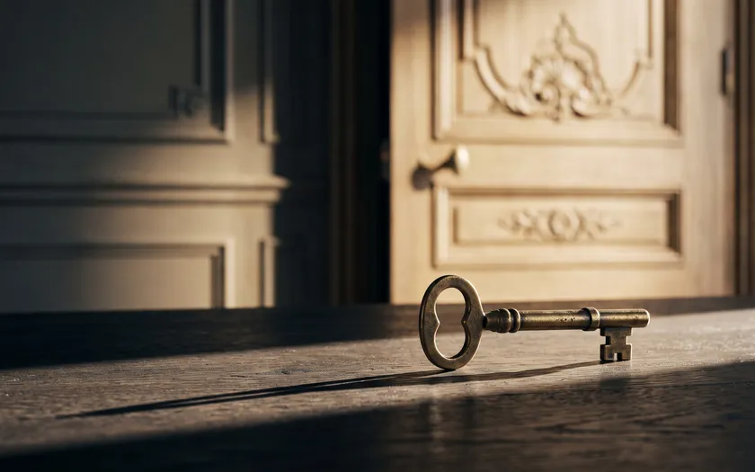 Clé ancienne posée devant la porte d’un appartement haussmannien