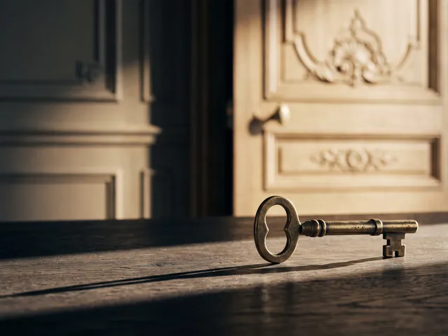 Clé ancienne posée devant la porte d’un appartement haussmannien