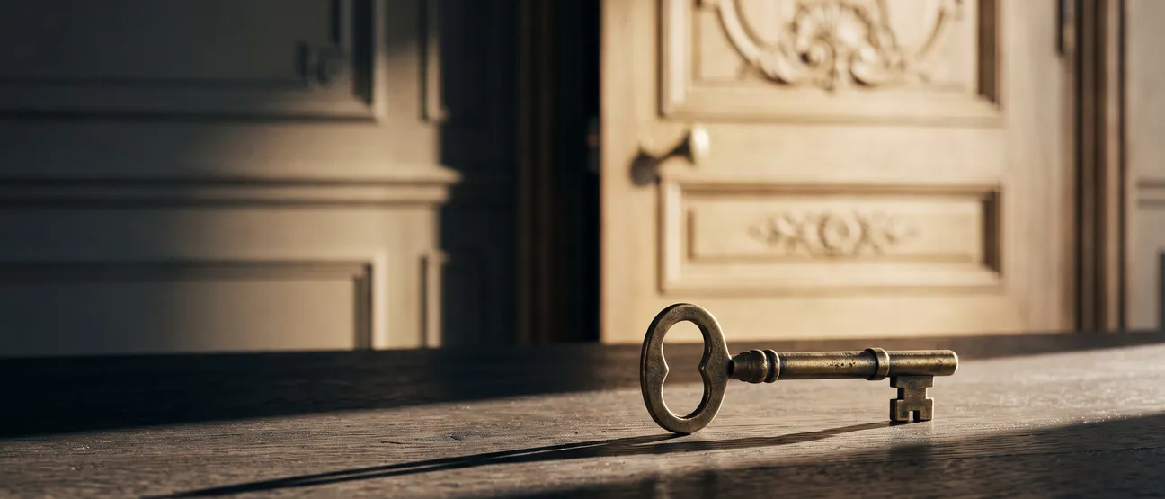 Clé ancienne posée devant la porte d’un appartement haussmannien