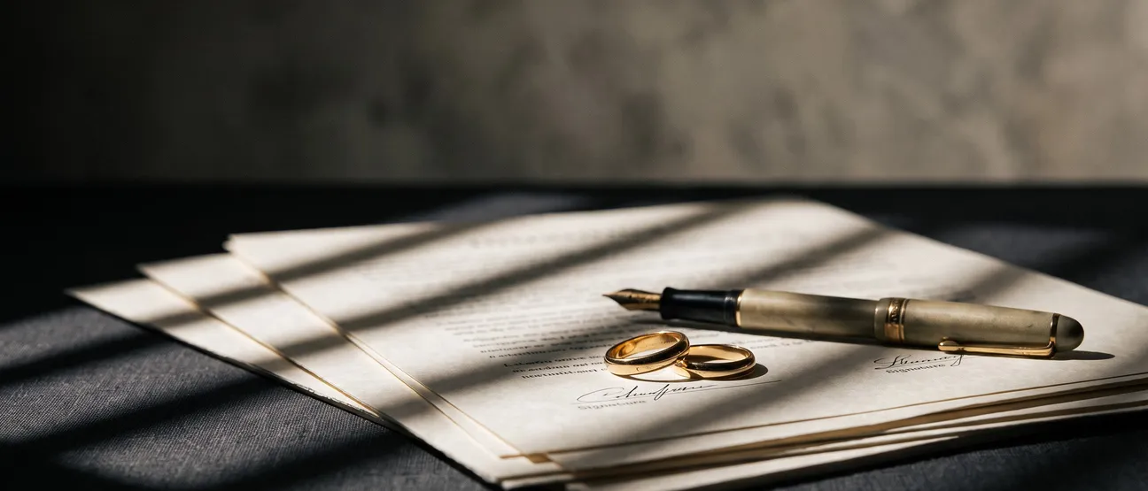 Deux alliances en or posées sur une convention signée, à côté d’un stylo-plume, sur une table sombre