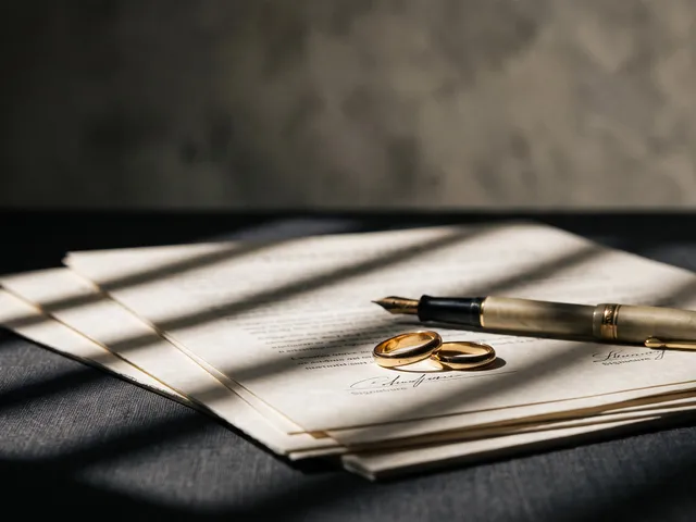 Deux alliances en or posées sur une convention signée, à côté d’un stylo-plume, sur une table sombre