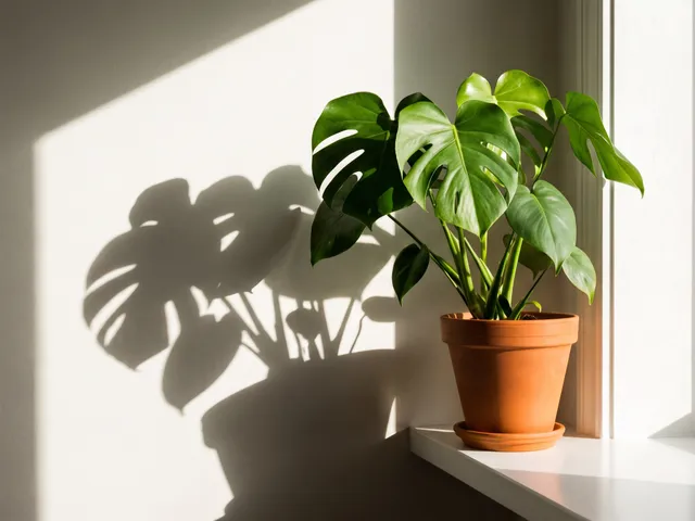 Plante verte en pot de terre cuite posée sur le rebord d’une fenêtre, éclairée par le soleil, son ombre projetée sur un mur blanc