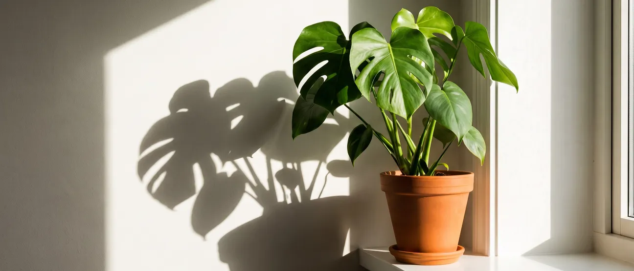 Plante verte en pot de terre cuite posée sur le rebord d’une fenêtre, éclairée par le soleil, son ombre projetée sur un mur blanc