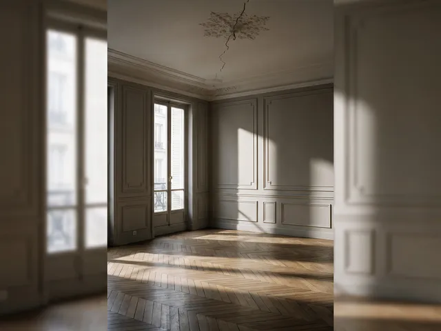 Pièce vide d’un appartement ancien avec parquet en point de Hongrie, moulures et une fissure qui traverse le plafond depuis la rosace