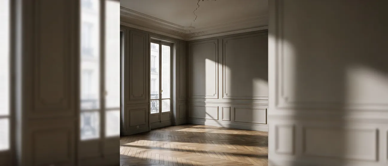 Pièce vide d’un appartement ancien avec parquet en point de Hongrie, moulures et une fissure qui traverse le plafond depuis la rosace