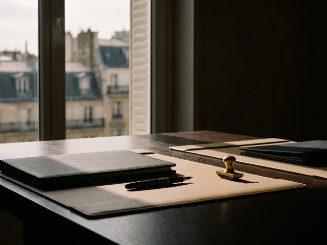 Bureau d’avocat en bois sombre avec un sous-main en cuir, un stylo plume, un tampon en laiton et des dossiers fermés, devant une fenêtre ouverte sur des toits parisiens