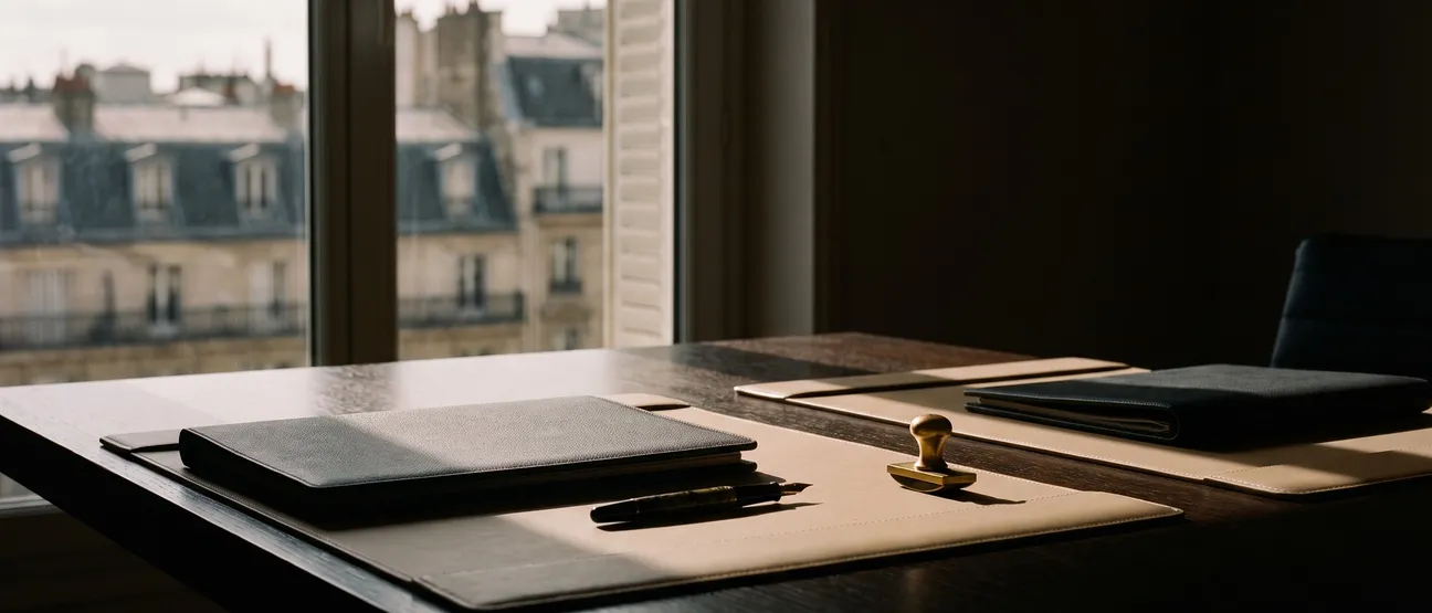 Bureau d’avocat en bois sombre avec un sous-main en cuir, un stylo plume, un tampon en laiton et des dossiers fermés, devant une fenêtre ouverte sur des toits parisiens